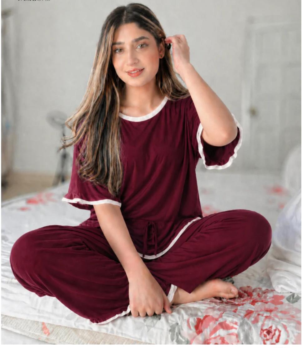 MAROON WHITE ROUND NECK PLAZZO PJ SET