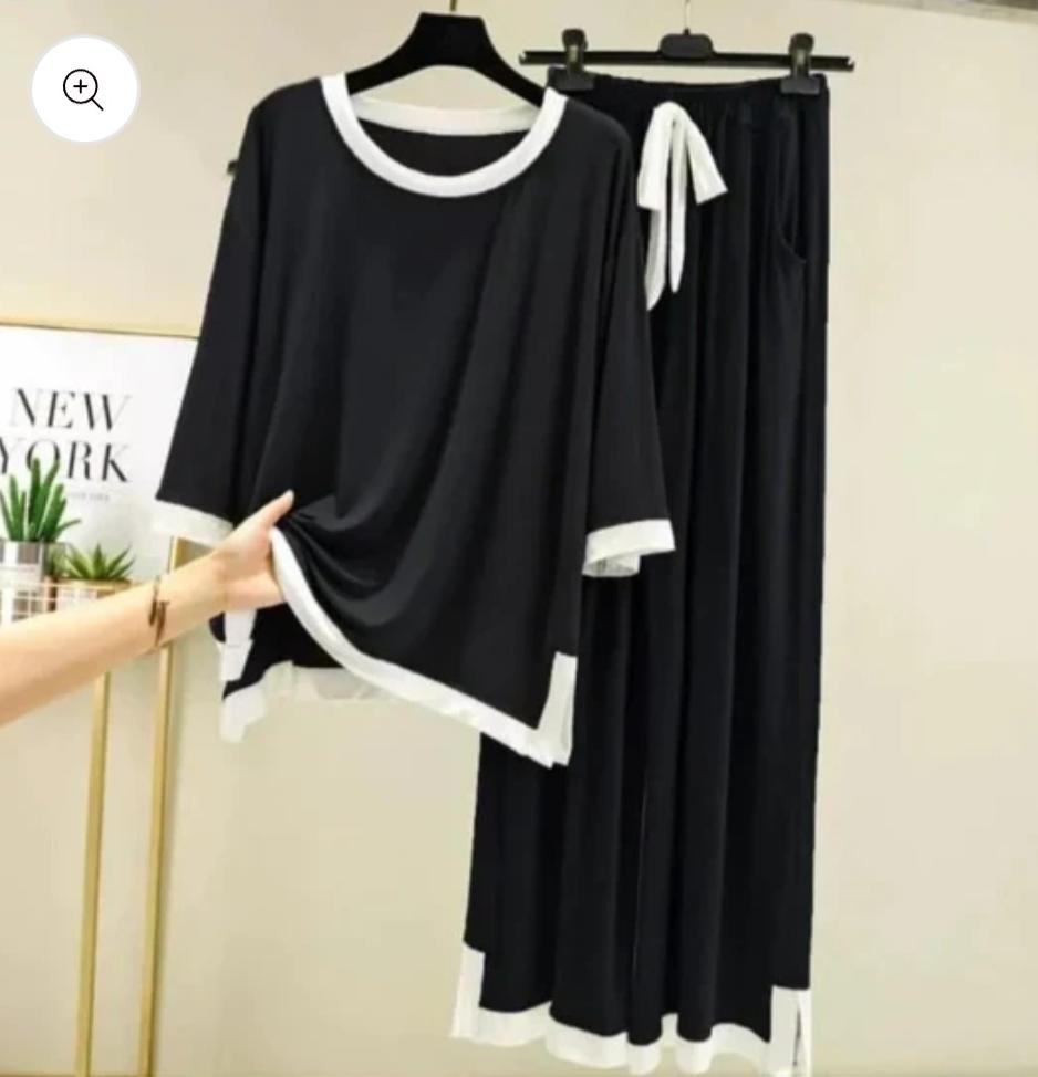 BLACK WHITE ROUND NECK PLAZZO SUIT PJ SET