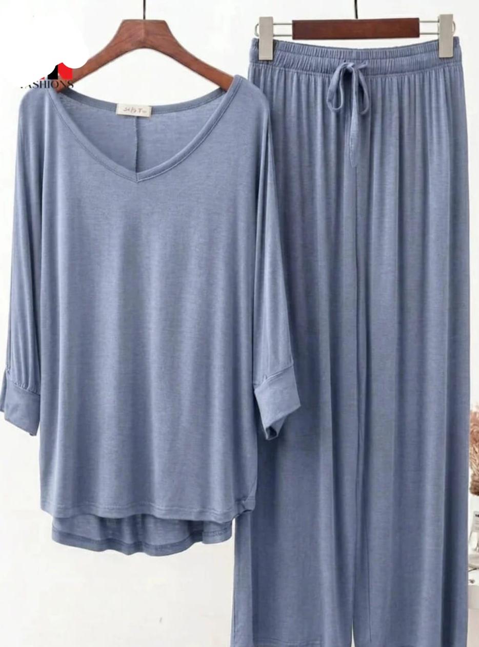 V-NECK TEAL BLUE PLAZZO SUIT PJ SET