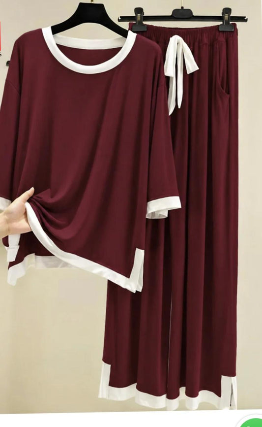 MAROON WHITE ROUND NECK PLAZZO PJ SET
