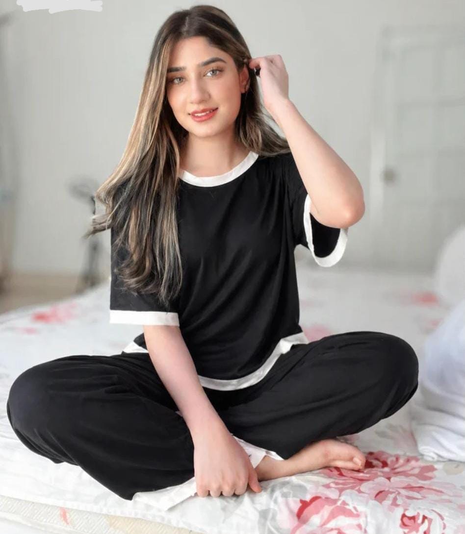 BLACK WHITE ROUND NECK PLAZZO SUIT PJ SET