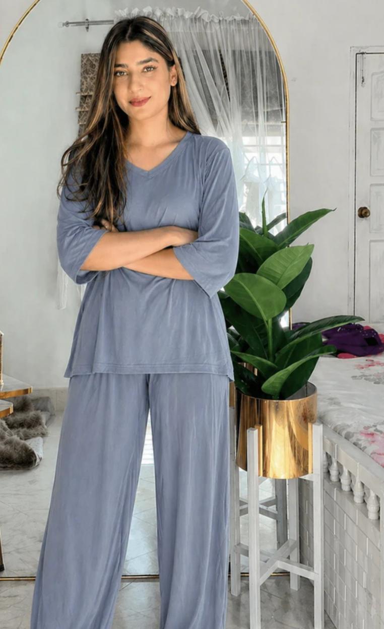 V-NECK TEAL BLUE PLAZZO SUIT PJ SET