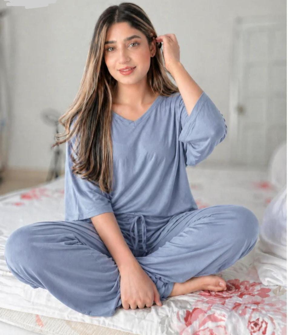 V-NECK TEAL BLUE PLAZZO SUIT PJ SET